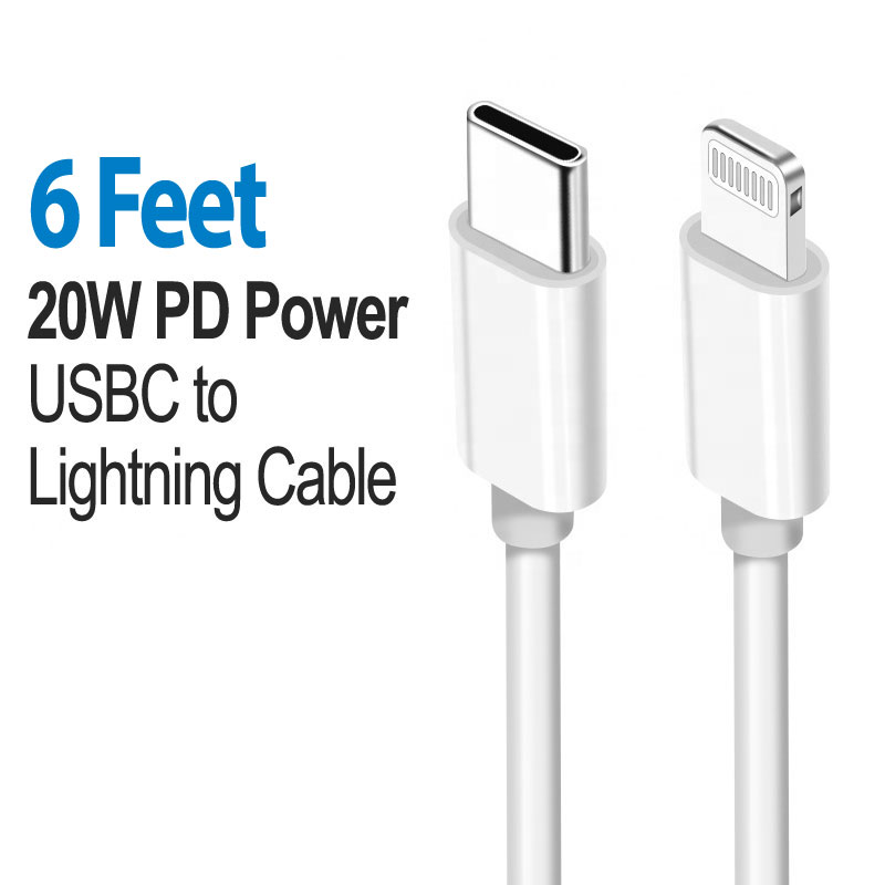 IOS Lightning 8PIN iPHONE 20W PD Fast Charging USB-C to Lightning USB Cable 6FT (White)
